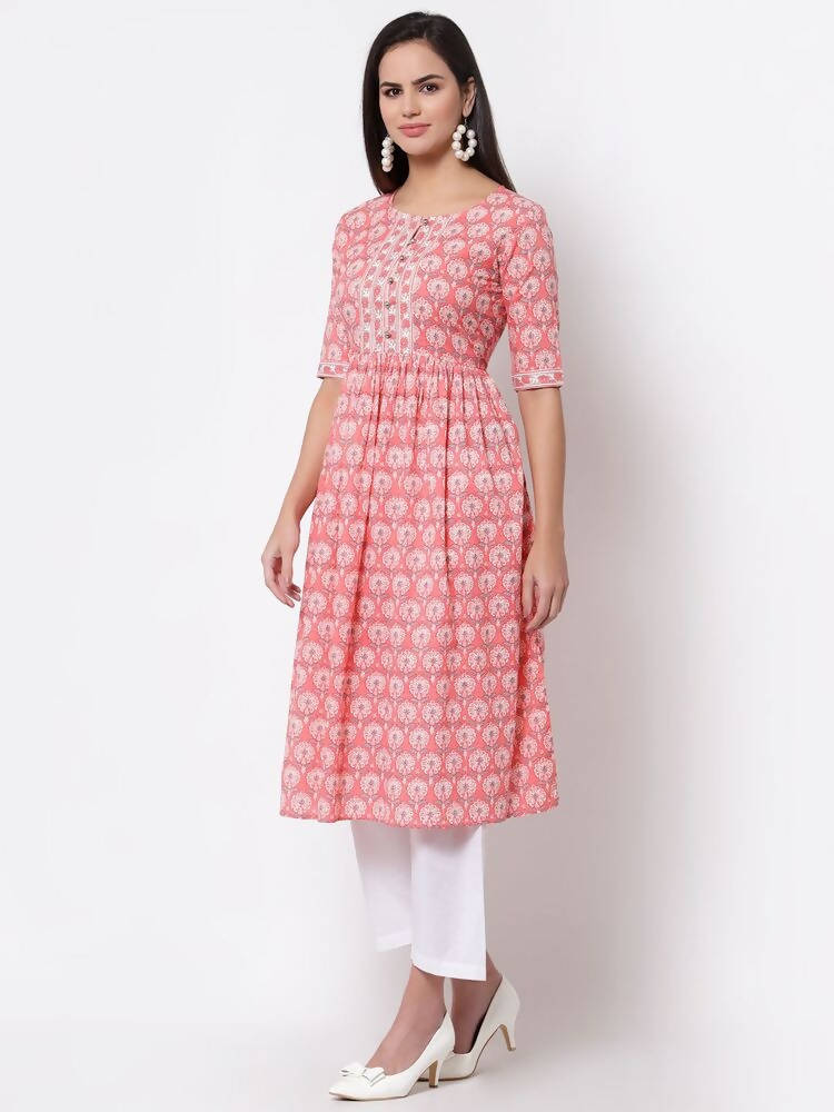 Myshka Women's Pink Printed 3/4 Sleeve Cotton Round Neck Dress