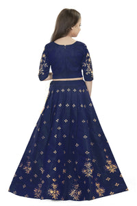 Thumbnail for Dwiden Navy Blue Rohini Tafetta Sattin Semi-Stitched Girl's Lehenga Choli - Distacart