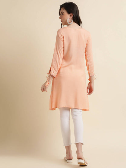 Peach Poly Cotton Yoke Embroidered A-line Top - Tarini - Distacart