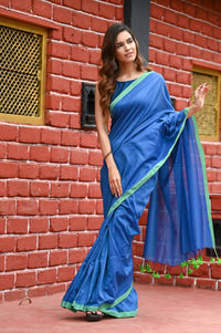 Thumbnail for Very Much Indian Pure Cotton Handloom Saree With Intricate Borders - Blue - Distacart