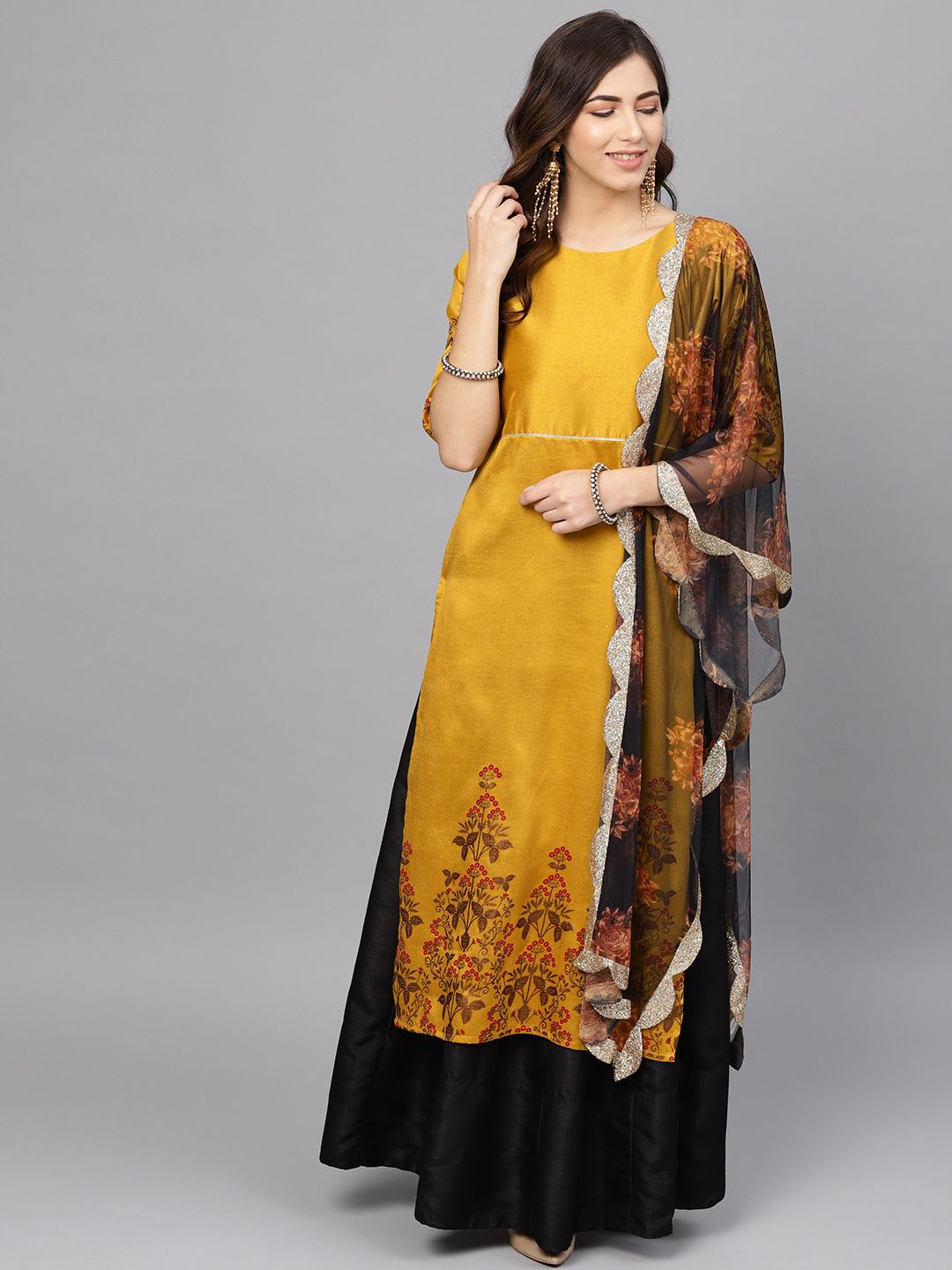 Ahalyaa Women's Mustard Poly Silk Printed Kurta Skirt Set With Dupatta