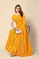 Thumbnail for Mustard Georgette Embroidered and Stone Work Saree with Unstitched Blouse Piece - Roozal - Distacart