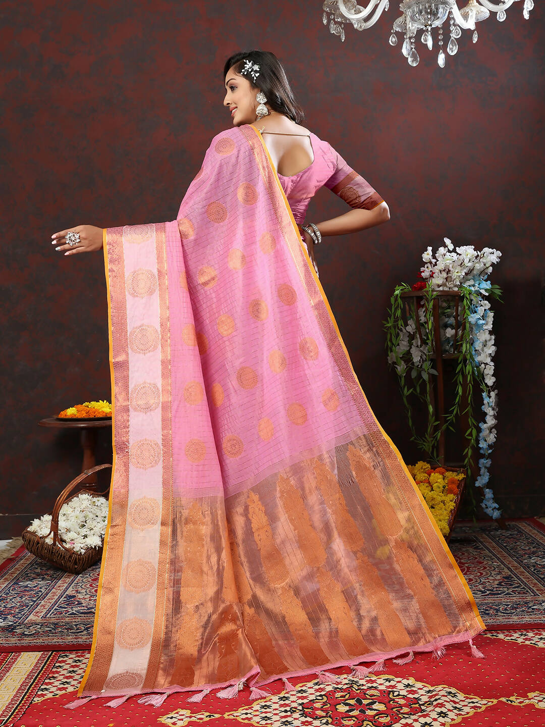 Lorenvalley Fashion Pink Cotton with Woven Design Zari Weaving Saree - Distacart