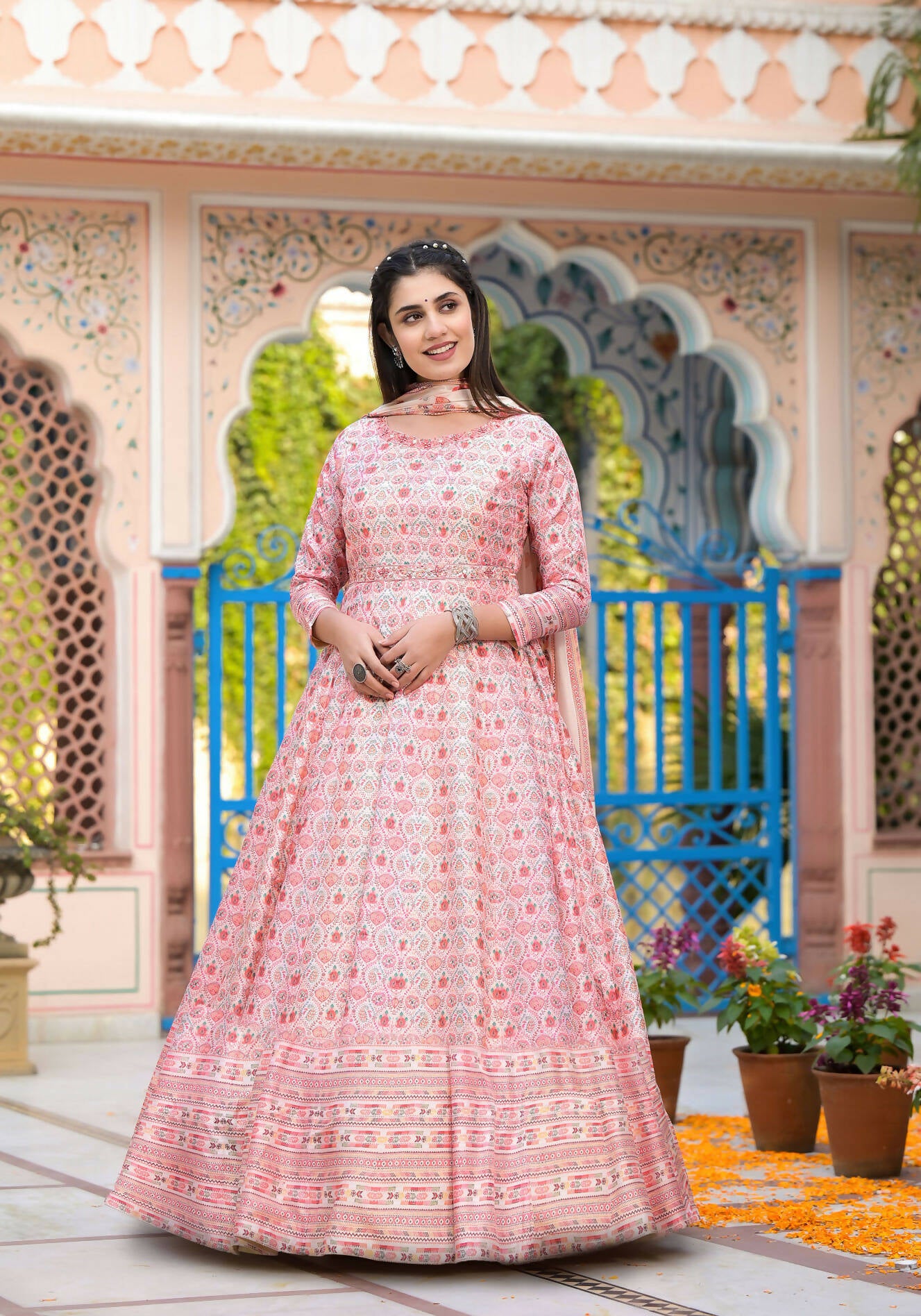Functional Designer Off White-Light Pink Dola Silk Anarkali suit with Dupatta - Ramya - Distacart