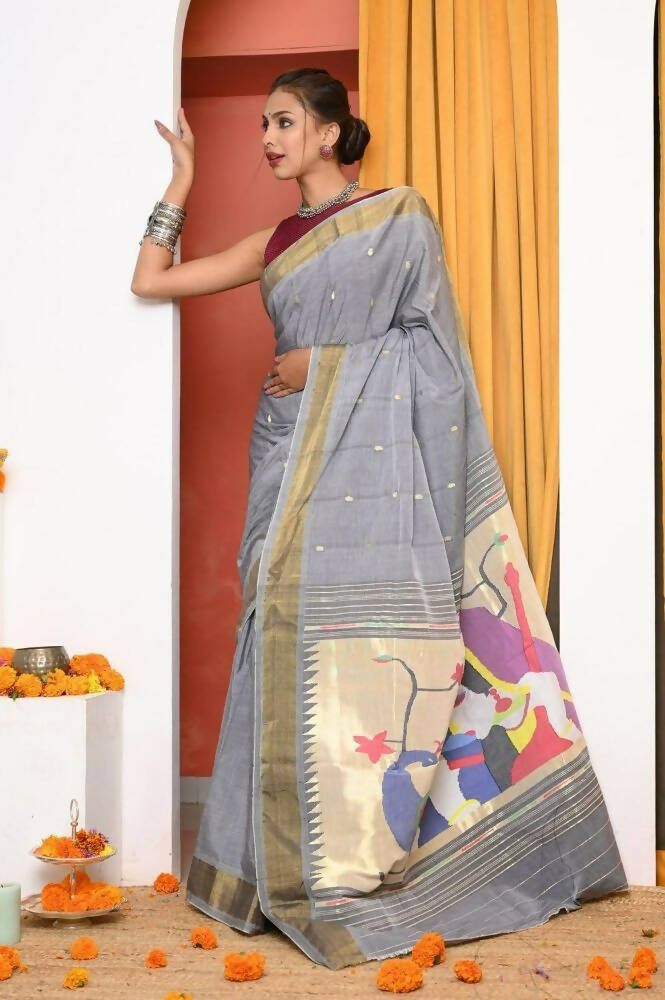 Very Much Indian Handloom Grey Cotton Paithani With Radha Krishna Pallu - Distacart
