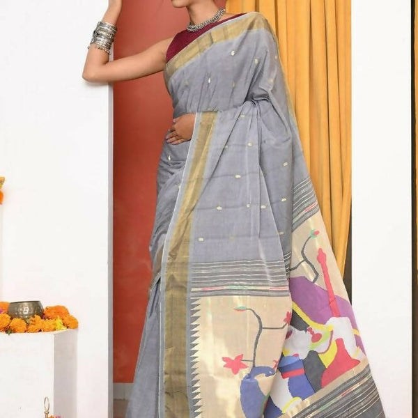 Very Much Indian Handloom Grey Cotton Paithani With Radha Krishna Pallu - Distacart