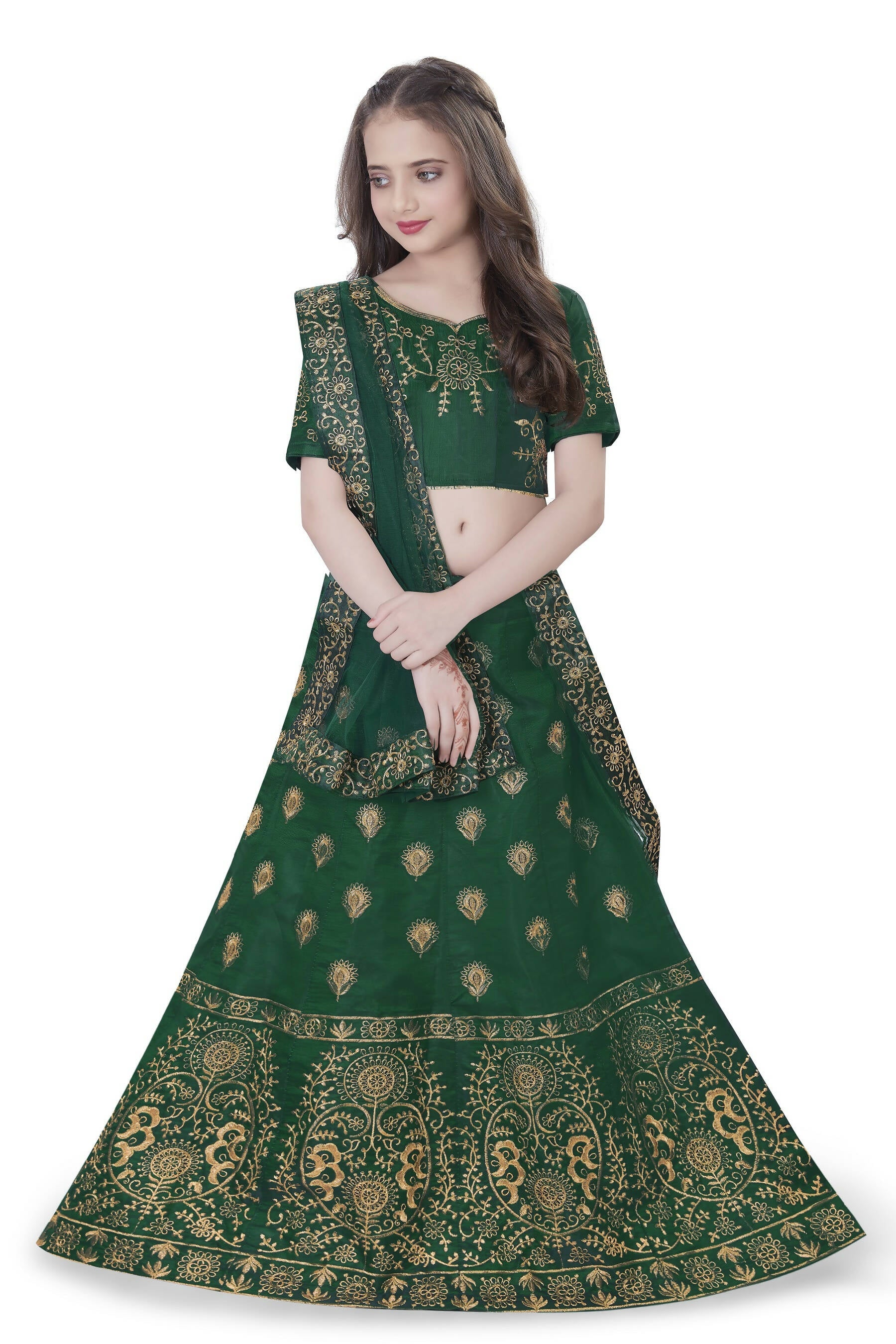Dwiden Green Gulab Tafetta Sattin Semi-Stitched Girl'S Lehenga Choli - Distacart