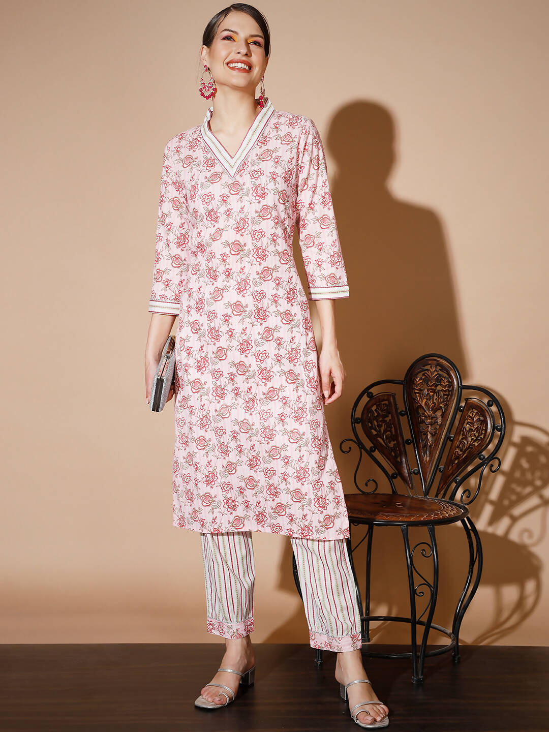 Myshka Women Pink Floral Kurta & Trousers - Distacart