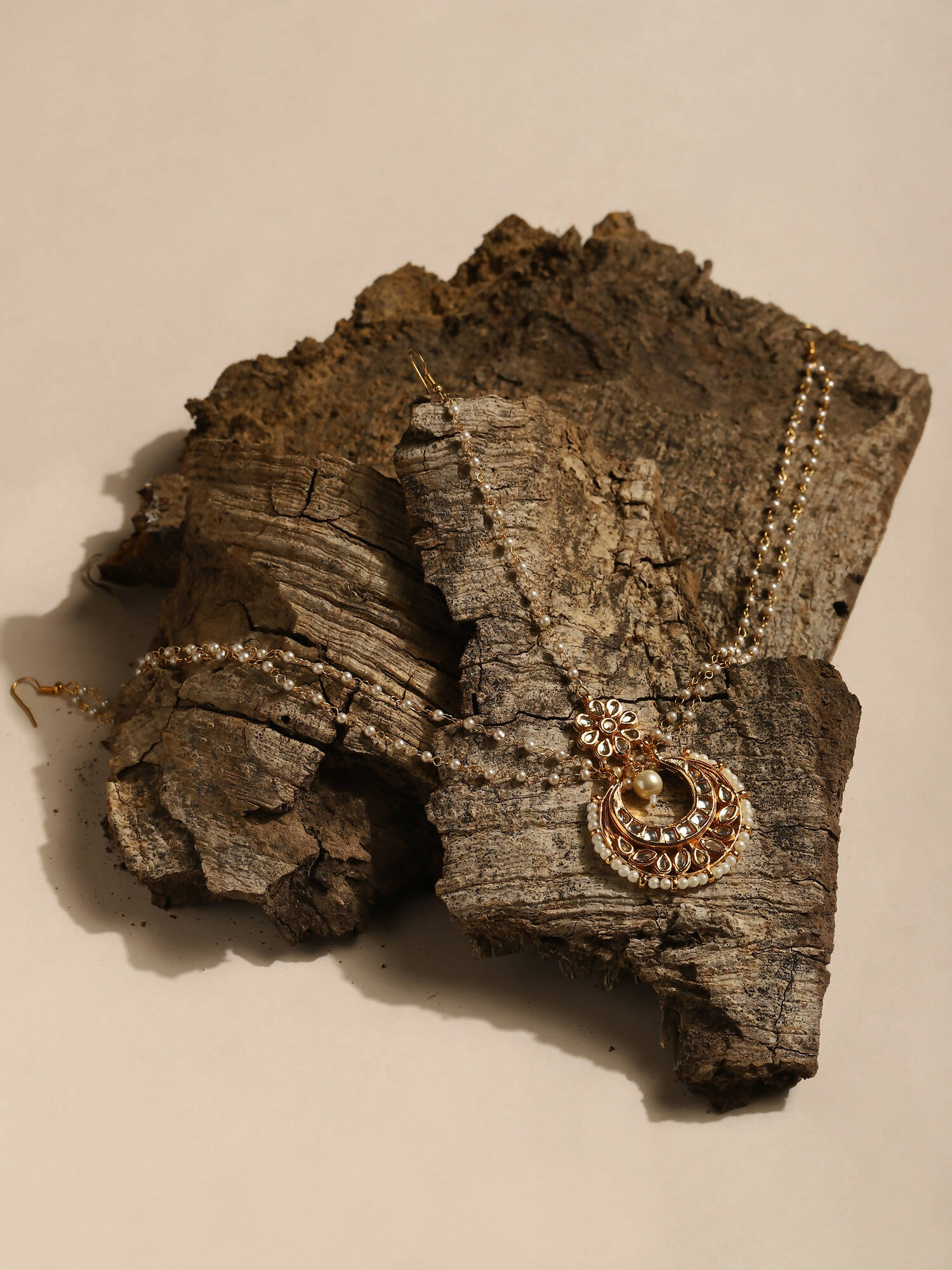 Gold-Plated White Faux Kundan-Studded Faux Pearl Beaded Handcrafted Matha Patti - Ruby Raang - Distacart