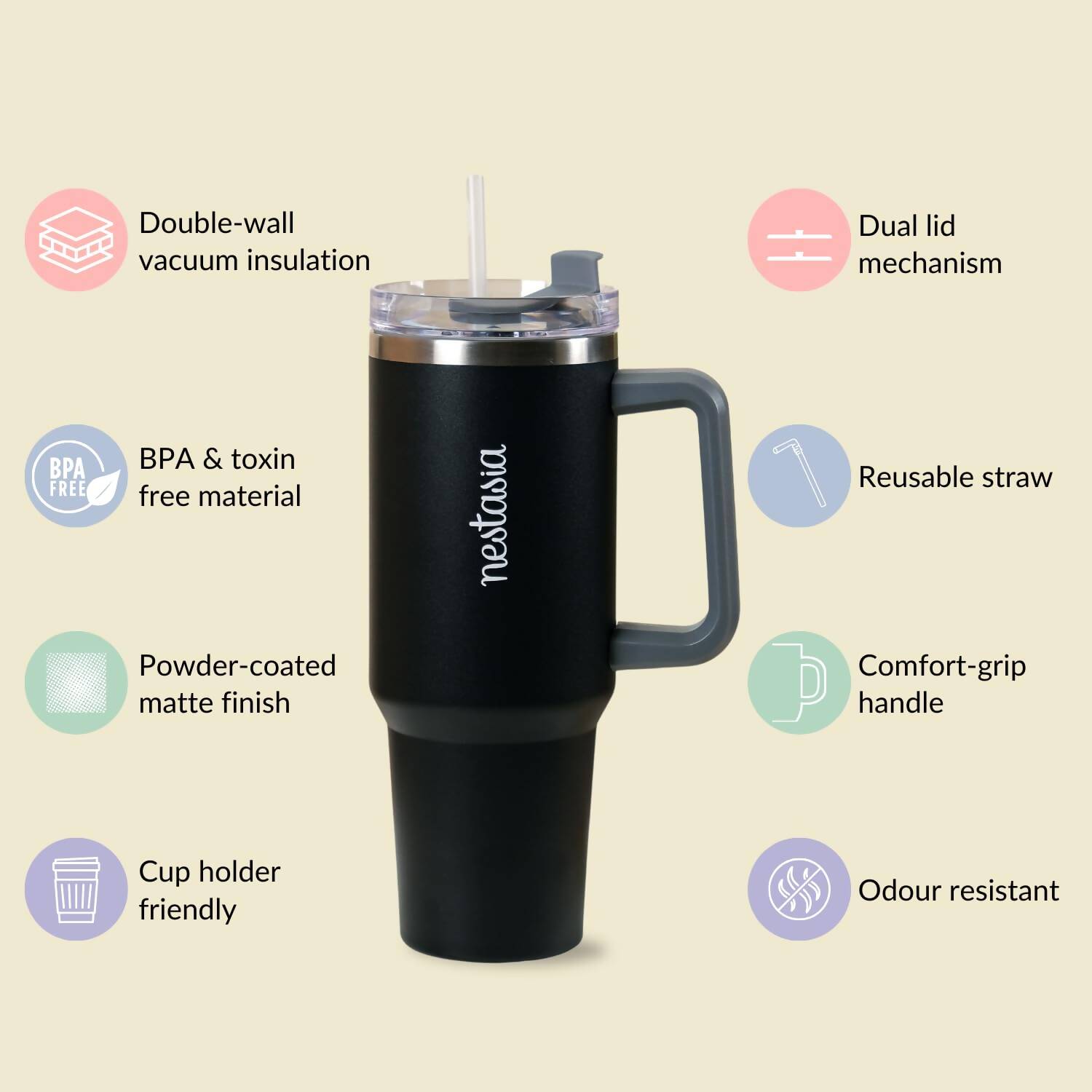 Nestasia Tumbler with Handle Straw & Lid - 1.2L (Black) - Distacart