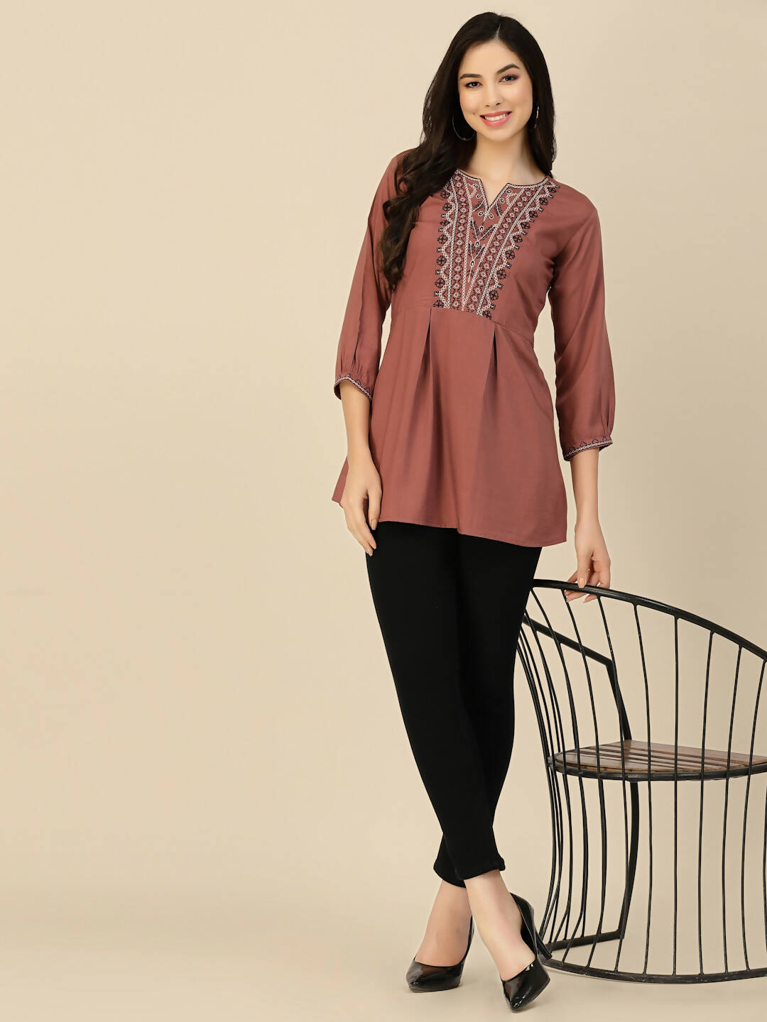 Brown Chinon Floral Embroidered Top - Zeny - Distacart