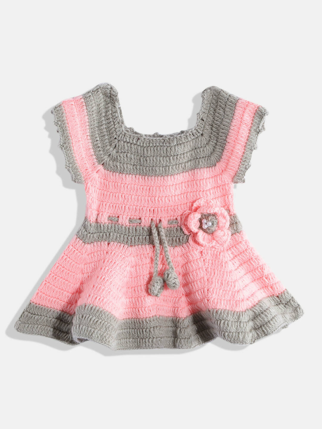 Chutput Kids Woollen Hand Knitted Short Sleeves Flower Detail Dress - Pink - Distacart