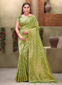 Thumbnail for Green Cotton Zari Woven Design Saree with Unstitched Blouse Piece - Aachal - Distacart