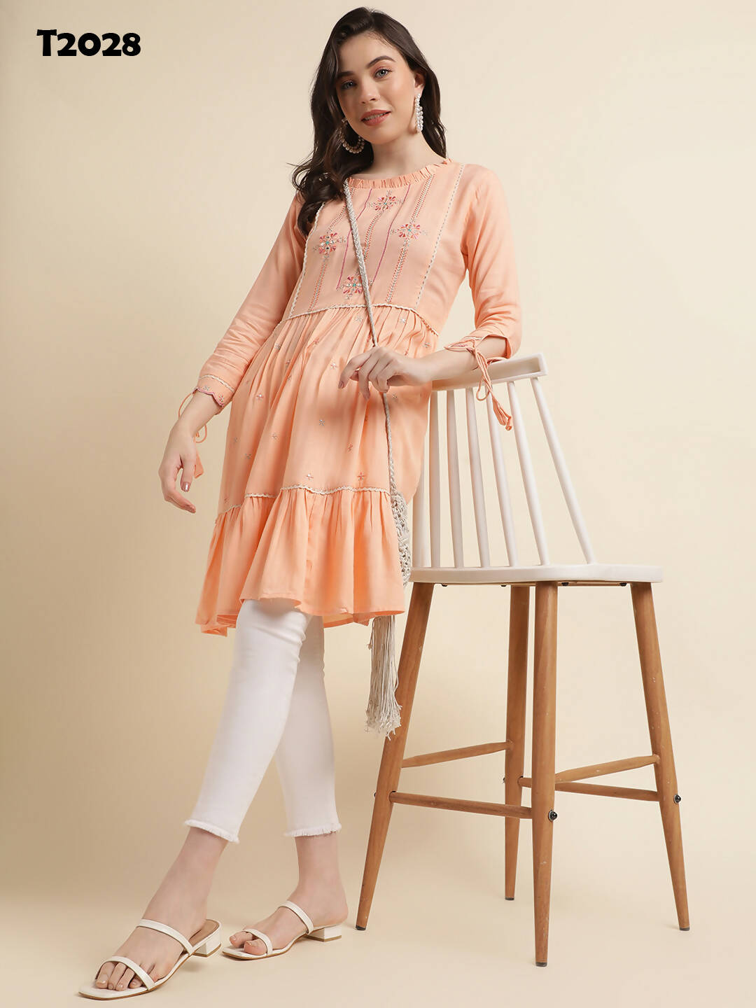 Peach Poly Cotton Yoke Embroidered A-line Top - Tarini - Distacart