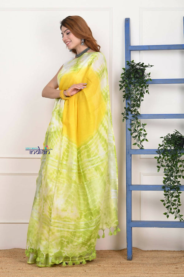 Very Much Indian Handmade Tie And Dye Cotton Saree By Women Weavers - Lime Yellow - Distacart