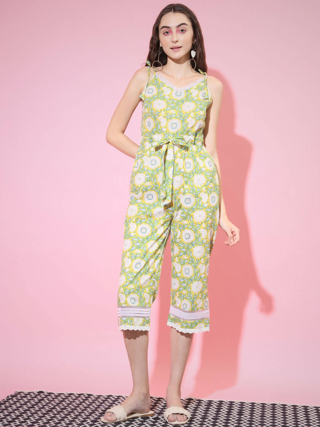 Myshka Women's Cotton Yellow Printed Jumpsuit - Distacart