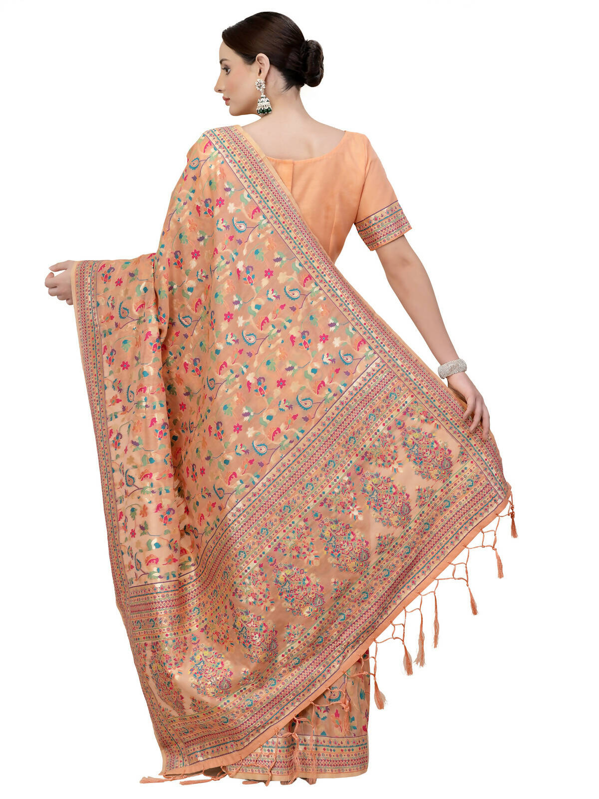 Peach Silk Blend Woven Design Saree With Unstitched Blouse Piece - Aloki - Distacart