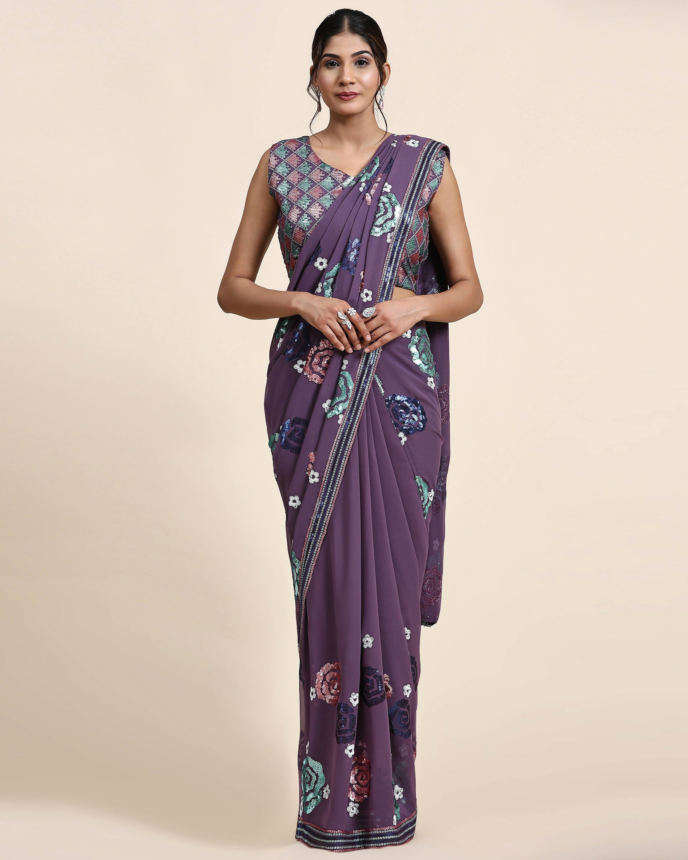 Purple Pure Georgette Sequence work Ready to wear Saree with stitched Blouse - Nirvana - Distacart