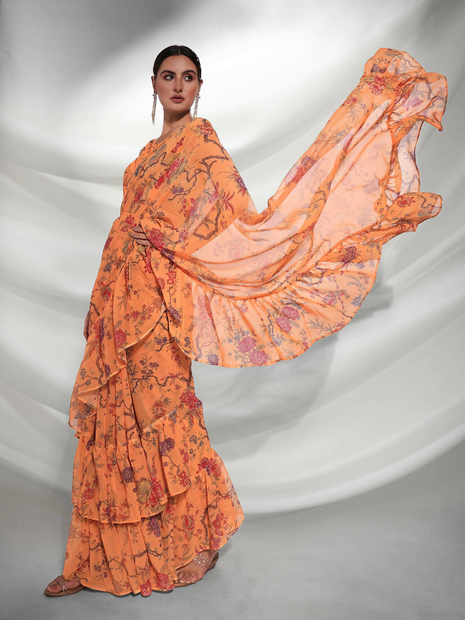 Orange Georgette Floral Printed Saree With Unstitched Blouse Piece - Rajal - Distacart