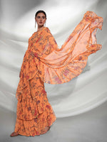 Thumbnail for Orange Georgette Floral Printed Saree With Unstitched Blouse Piece - Rajal - Distacart