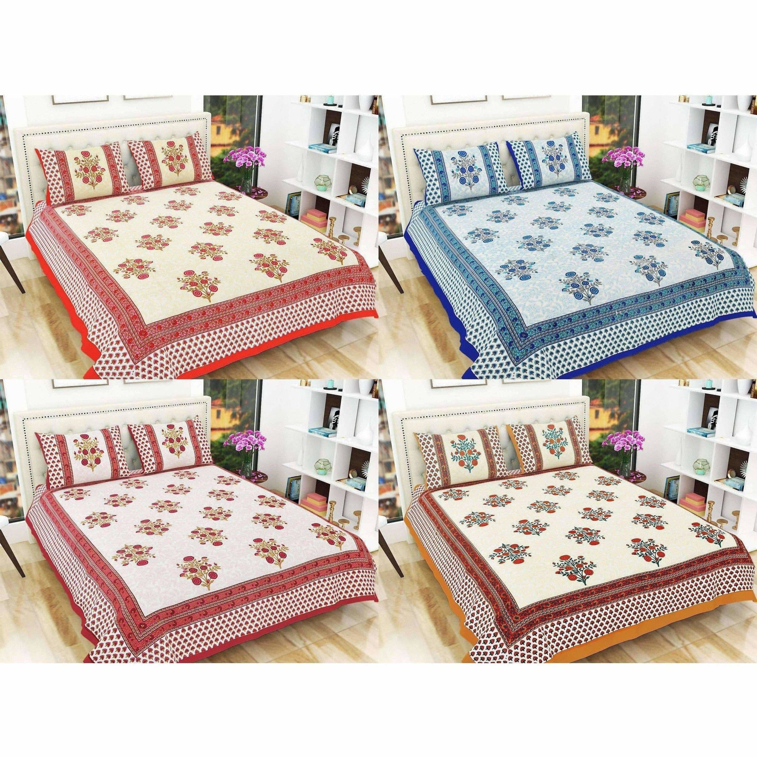 Floral Print Queen Size 90x108 Inches Jaipuri Flat Bed Sheet Bedspread with 2 Pillowcases - Distacart