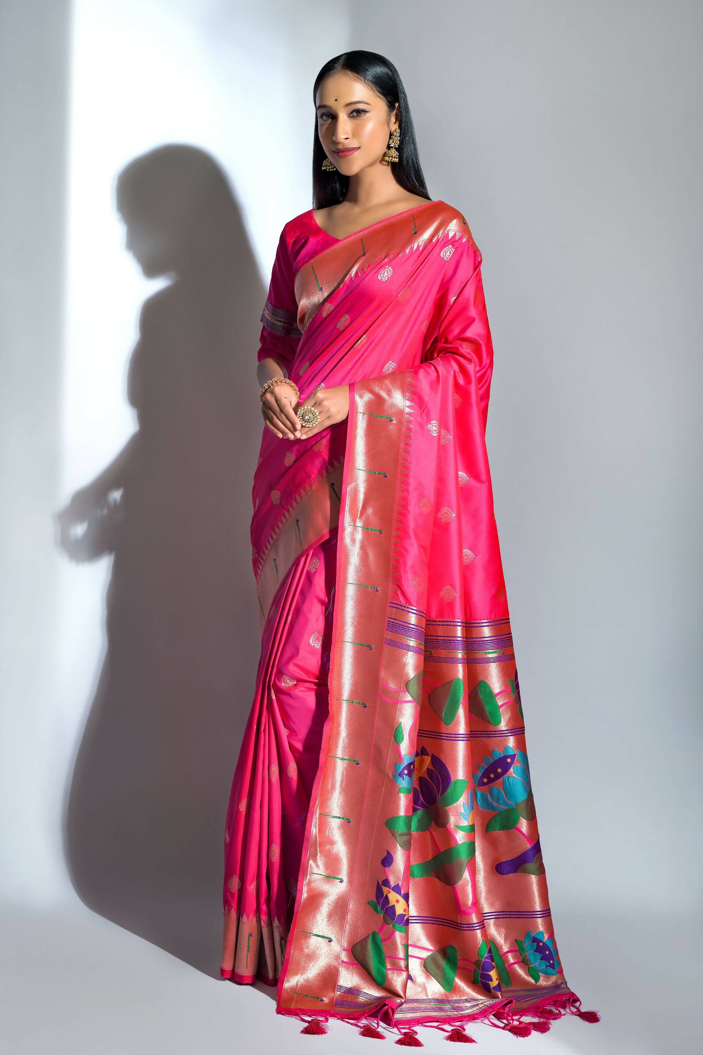 Vishnu Weaves Women's Rani Pink Paithani Silk Zari Woven Saree with Unstitched Blouse - Distacart