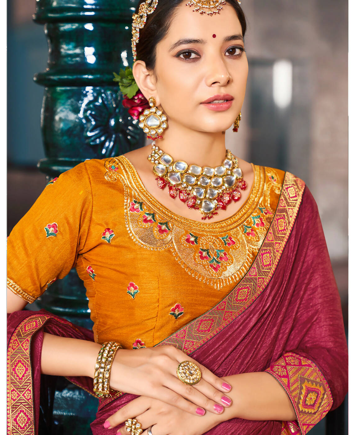Maroon Solid Vichitra Saree With Unstitched Blouse Piece - Selena - Distacart