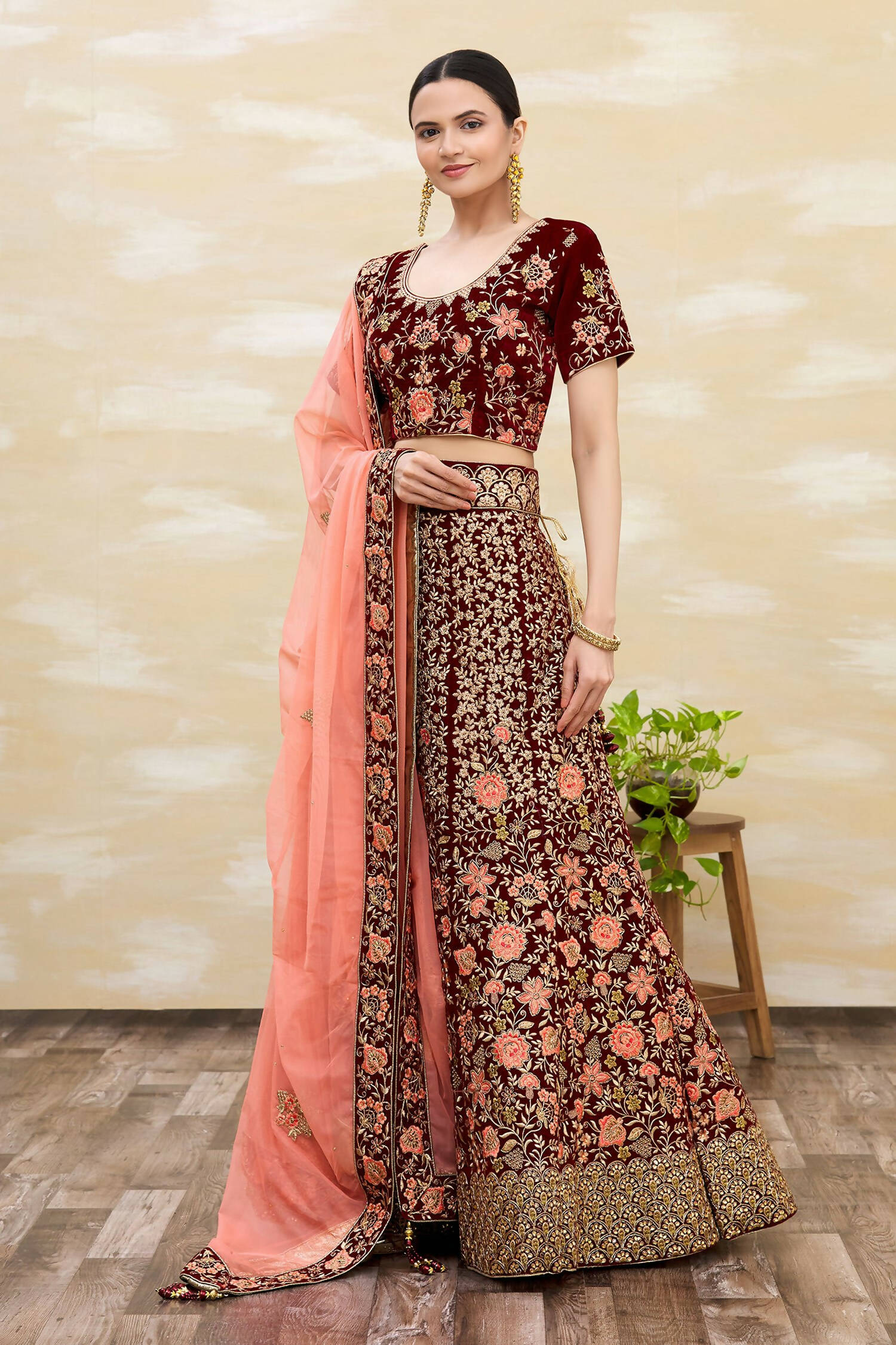 Maroon Velvet Semi-Stitched Wedding Bridal Lehenga - Nimaya - Distacart