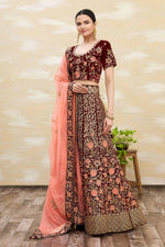 Thumbnail for Maroon Velvet Semi-Stitched Wedding Bridal Lehenga - Nimaya - Distacart