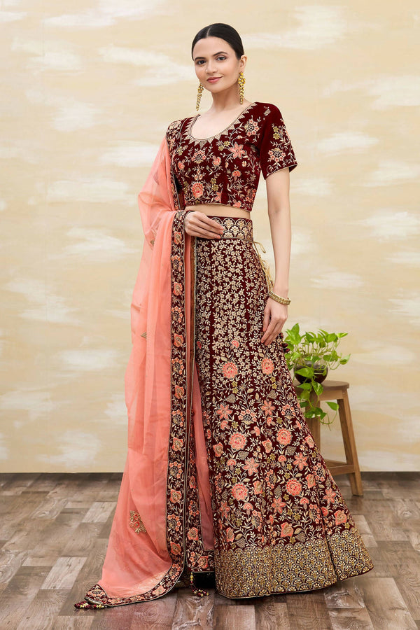 Maroon Velvet Semi-Stitched Wedding Bridal Lehenga - Nimaya - Distacart