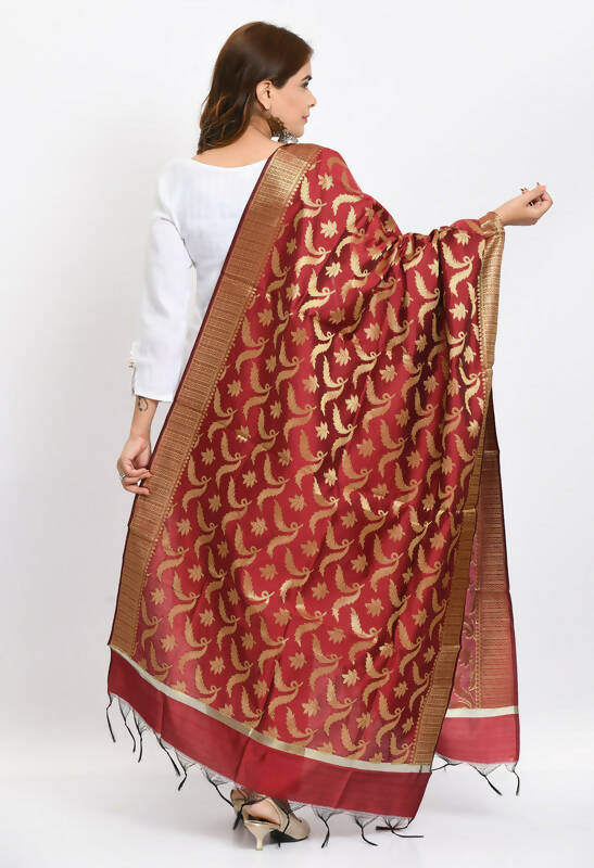 Mominos Fashion Moeza Women's Banarsi Silk Floral Woven Design Maroon Dupatta - Distacart
