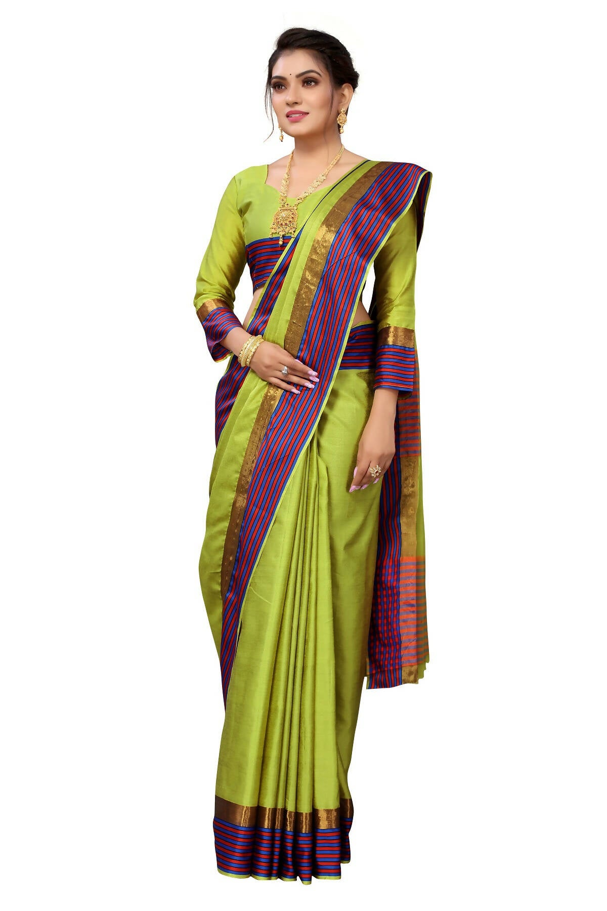 Vamika Ethnic Fire Parrot Green Cotton Silk Saree - Distacart