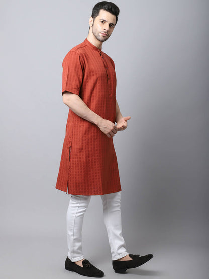 Even Apparels Red Pure Cotton Kurta With Band Collar - Distacart
