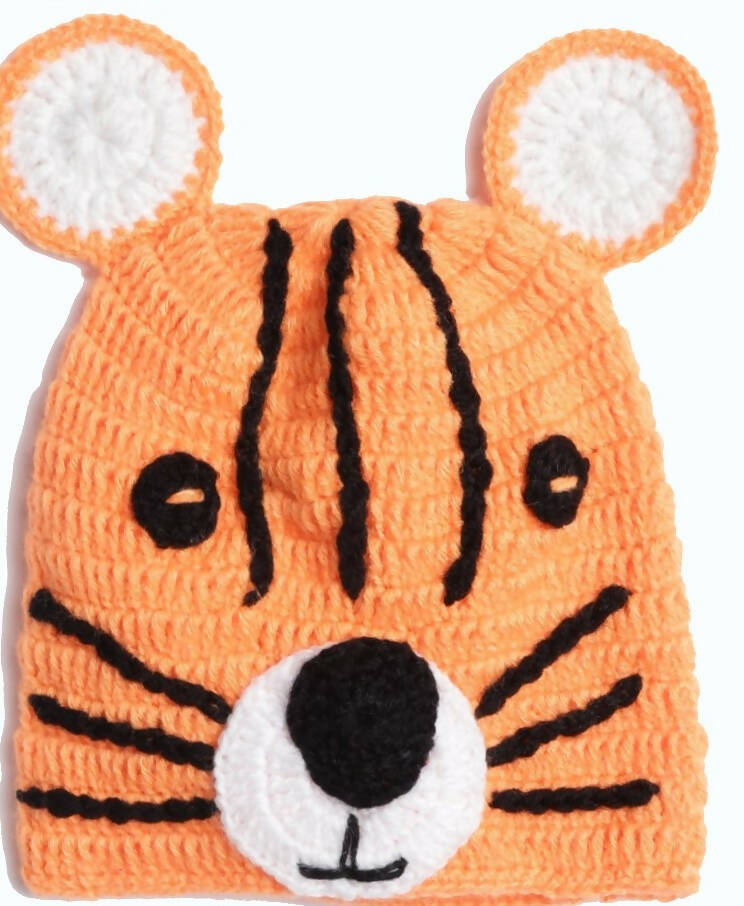 Chutput Kids Woollen Hand Knitted Tiger Detail Cap - Orange - Distacart