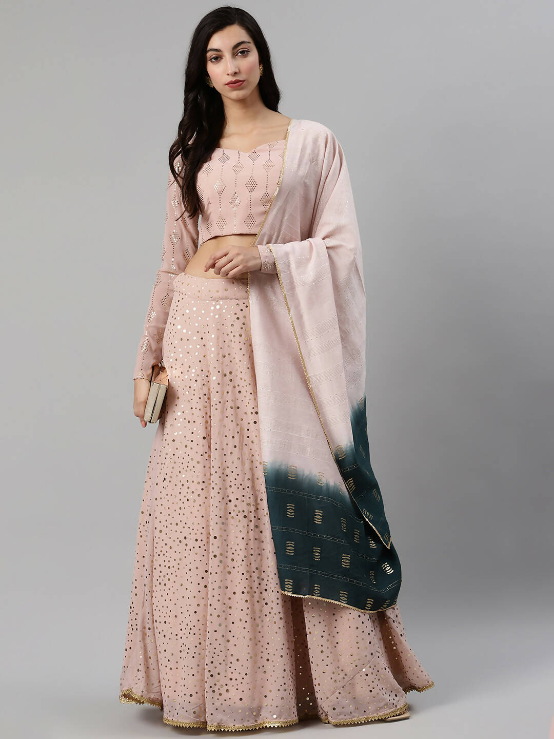 Dusty Pink Georgette Sequence Work And Glistening Embellishments Lehenga Choli with Dupatta - Jivika - Distacart