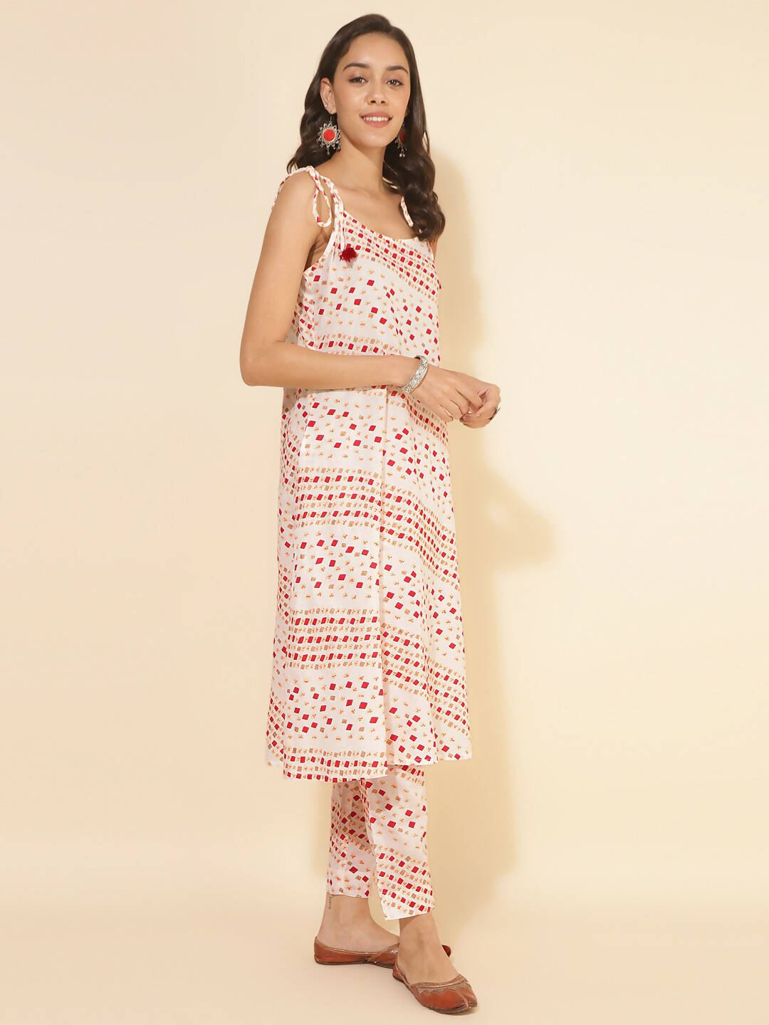 Janasya Women's White Cotton Geometric Printed Casual A-line Co-ords - Distacart