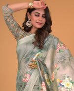 Thumbnail for Green Cotton Silk Floral Printed Saree With Unstitched Blouse Piece - Akshita - Distacart