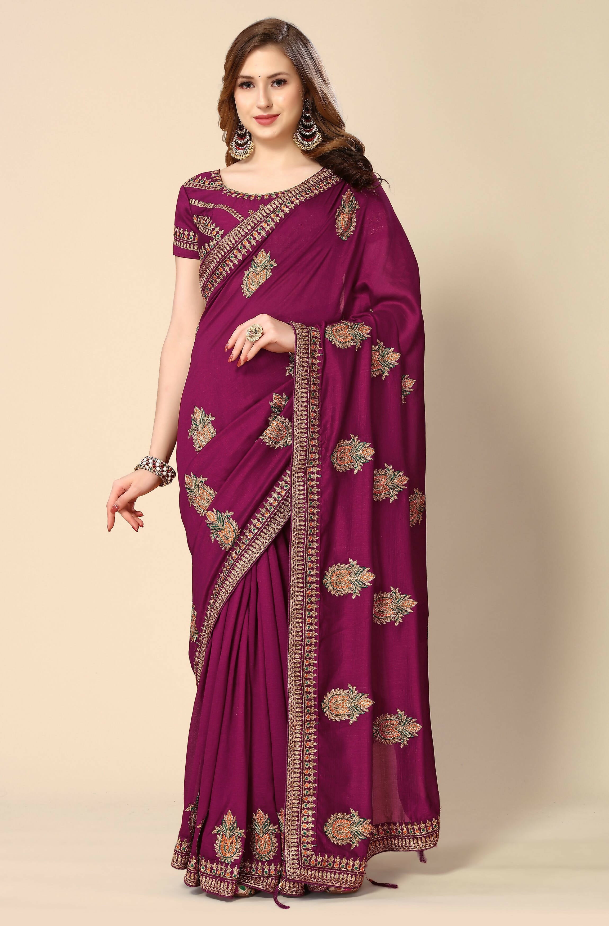 Wine Chinon Embroidered Saree with Unstitched Blouse Piece - Roozal - Distacart