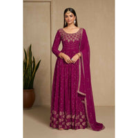 Thumbnail for Aastha Fashion Women's Cherry Pink Faux Georgette Zari & Sequins Embroidery Gown with Dupatta - Distacart