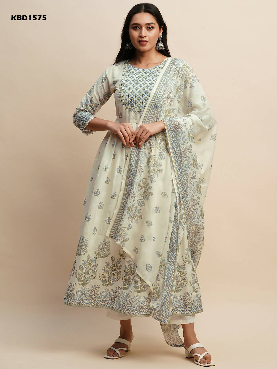 White And Blue Pure Cotton Floral Printed Anarkali Kurta And Bottom With Dupatta - Akashara - Distacart
