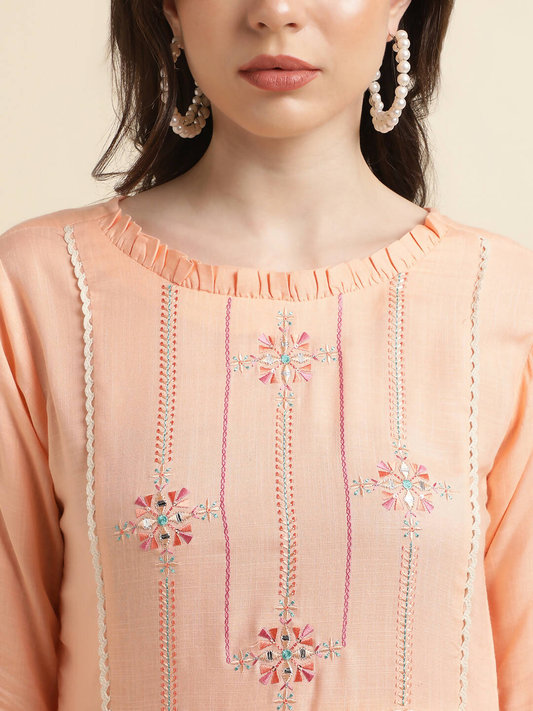 Peach Poly Cotton Yoke Embroidered A-line Top - Tarini - Distacart