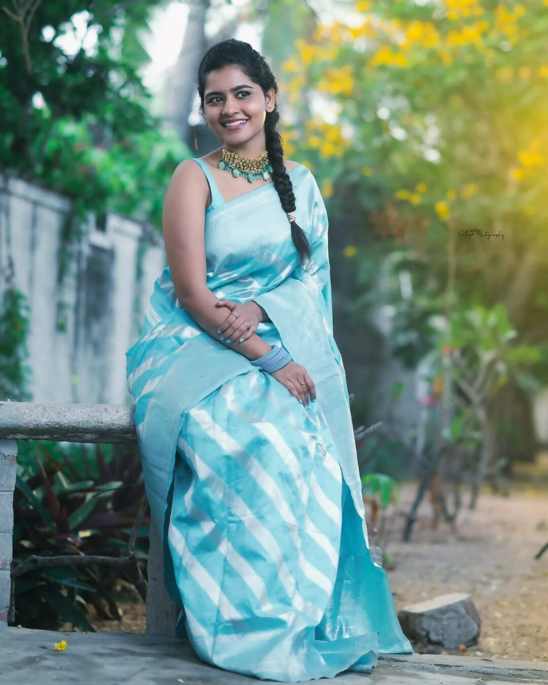 DEIANA'S Beautiful Golden Jari with New Design Soft Lichi Silk Saree - Sky - Distacart