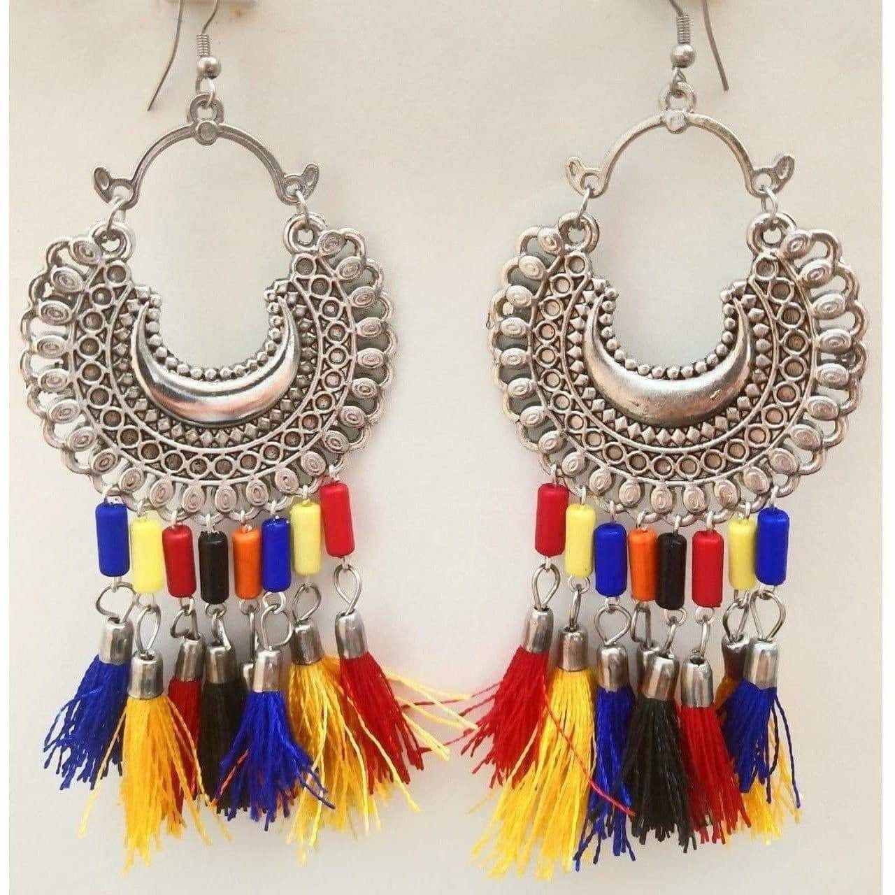 Multi Color Glass Pearls And Silk Threads Chandbali Earrings