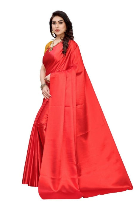 Vamika Plain Red Satin Sarees