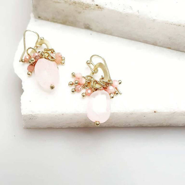 Bling Accessories Rose Quartz Natural Stone Bunch Drop Earrings