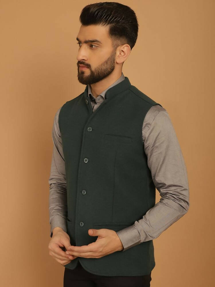 Even Apparels Pure Wool Nehru Jacket - Green - Distacart