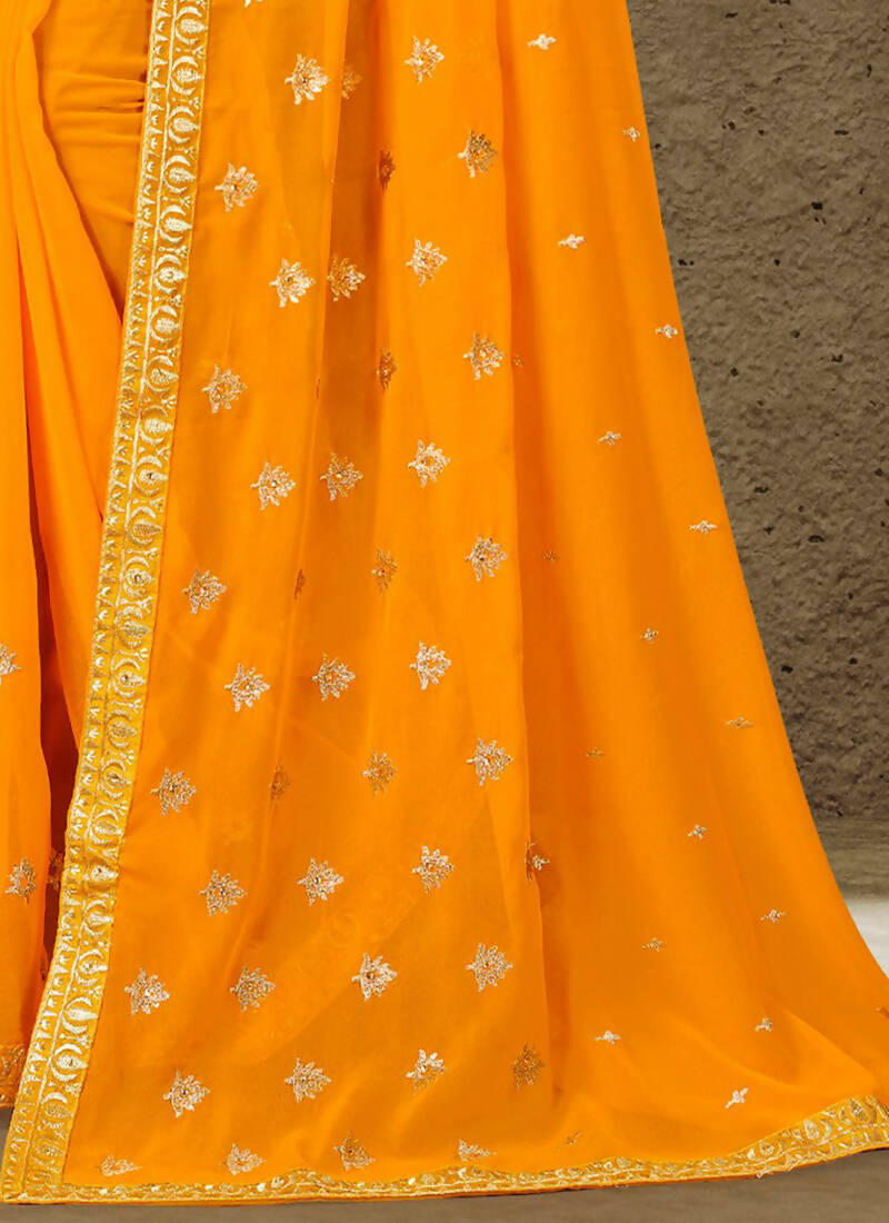 Mustard Georgette Embroidered Saree with Unstitched Blouse Piece - Avika - Distacart
