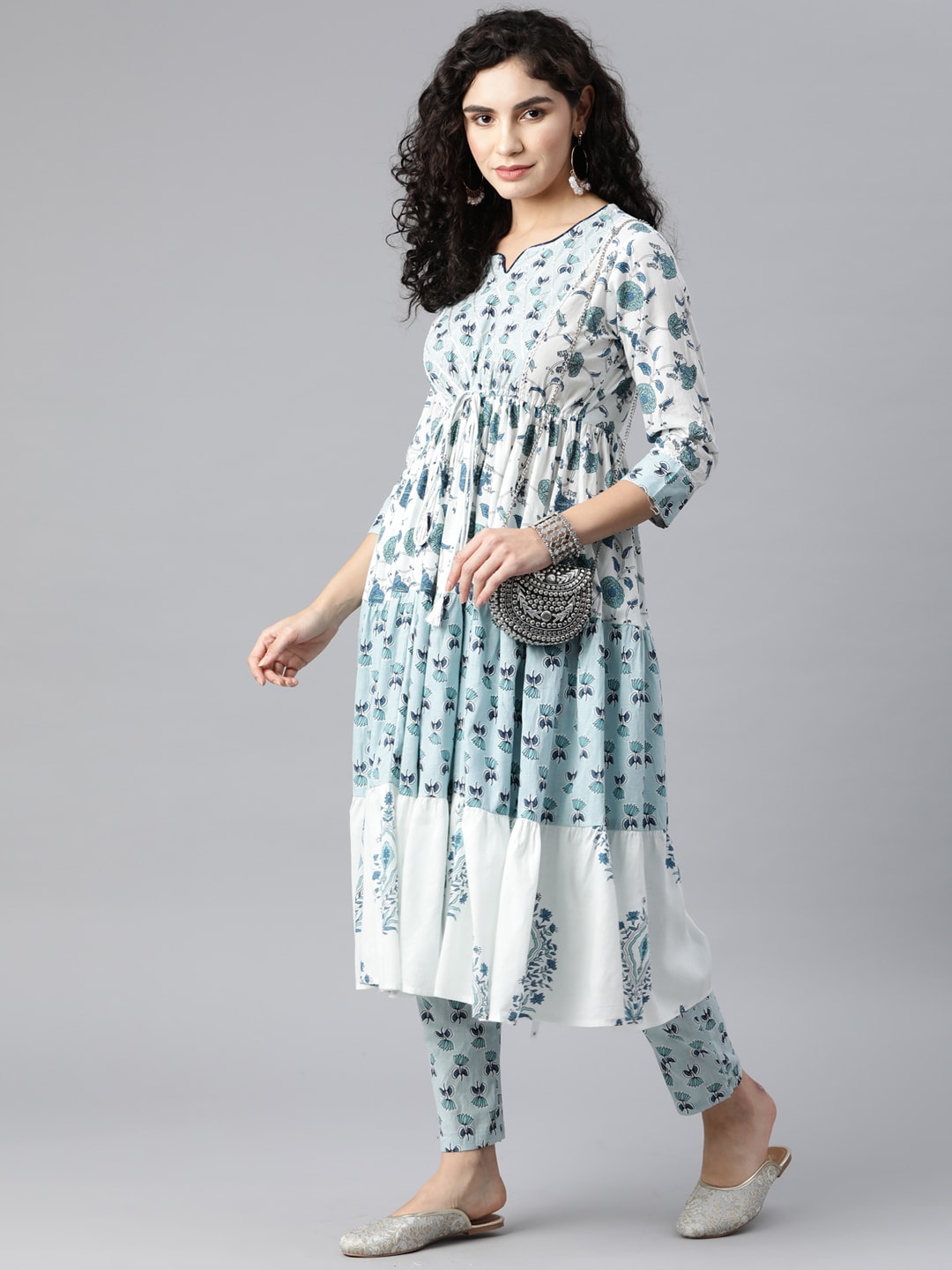 Kalini Women White Floral Printed Pure Cotton Kurta with Trousers - Distacart