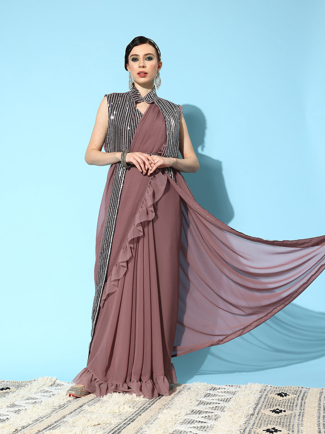 Mitera Mauve Sequinned Pure Georgette Ready to Wear Saree With Shrug - Distacart