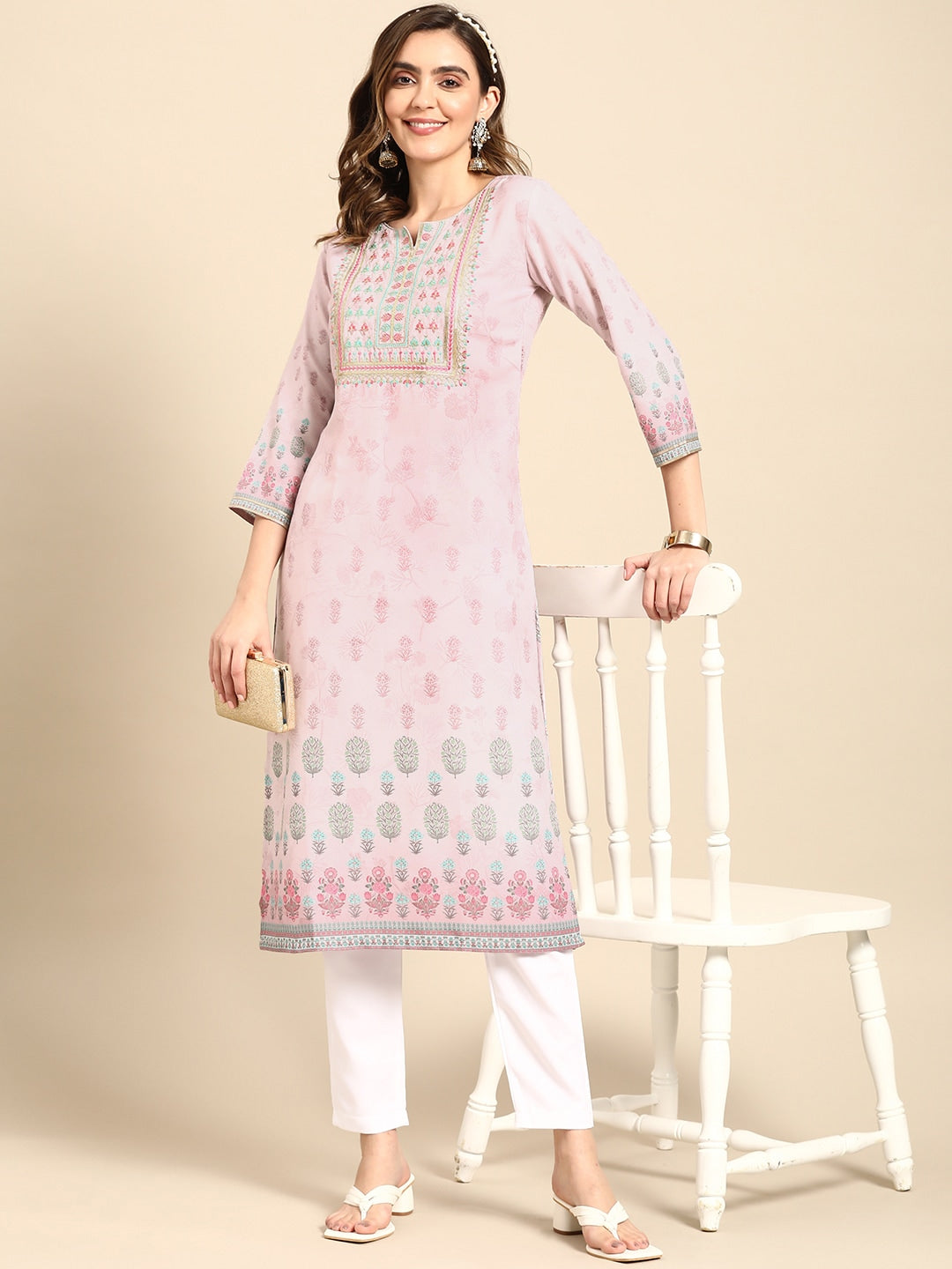 Sangria Women Pink Floral Embroidered Kurta - Distacart